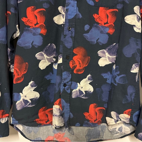 WOOD WOOD Button Shirt Floral Slim Fit Cotton Blue Size Large - Picture 5 of 9